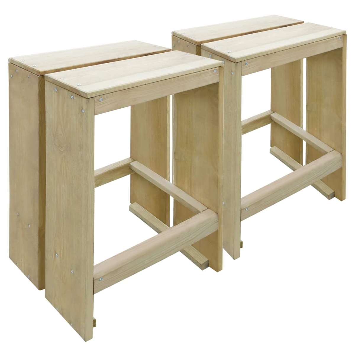 Zwei hölzerne Barhocker nebeneinander, aus hellem Holz gefertigt.