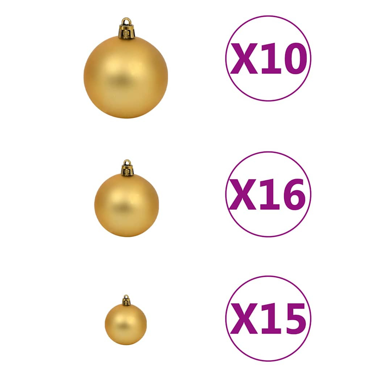 Drei goldene Weihnachtskugeln unterschiedlicher Größe mit Aufhängern.