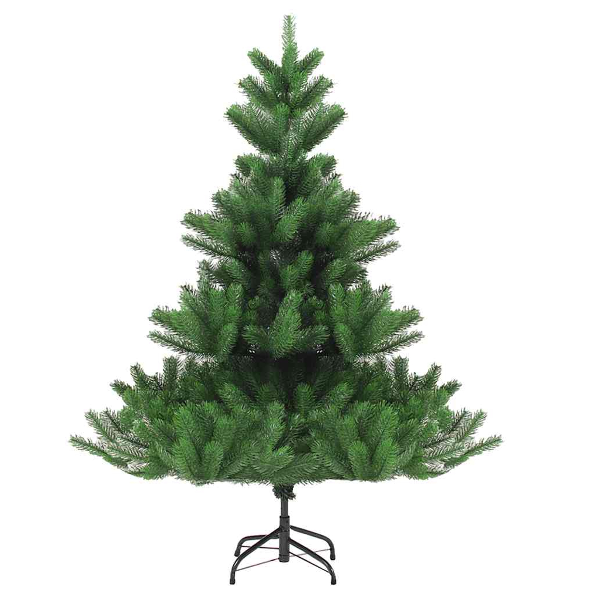 Ein grüner künstlicher Weihnachtsbaum mit schwarzem Ständer auf weißem Hintergrund.
