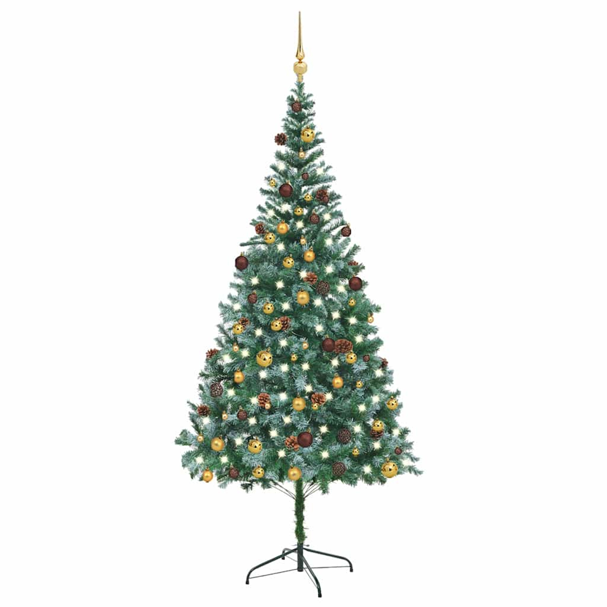 Ein geschmückter Weihnachtsbaum mit Lichtern, Kugeln und Zapfen.
