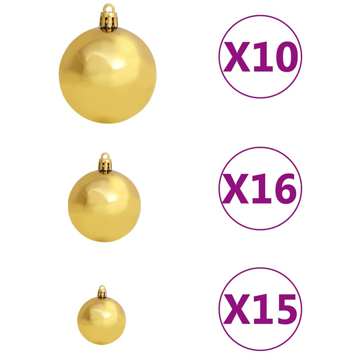 Drei goldene Christbaumkugeln in verschiedenen Größen mit Aufhängern.