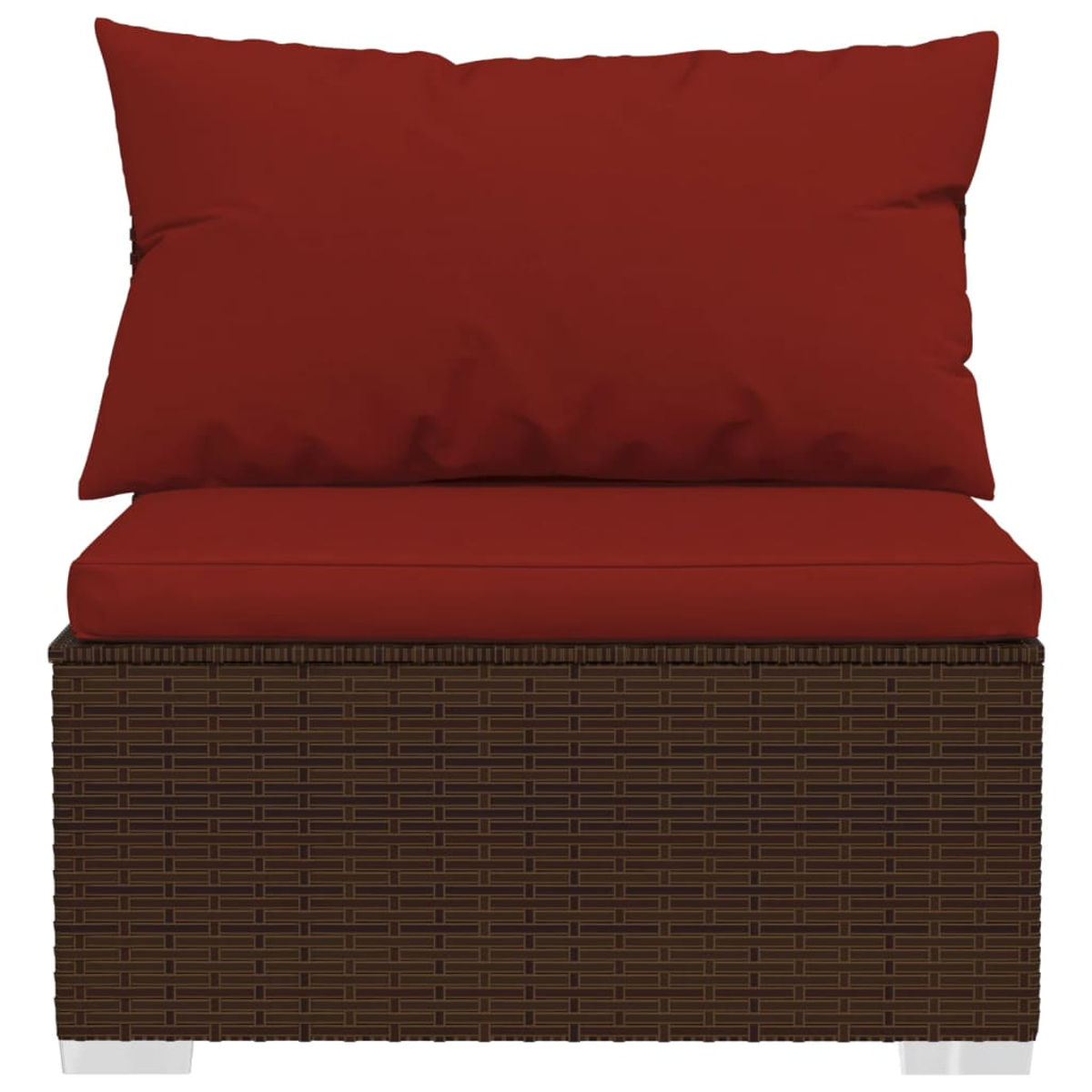 Sedia in rattan marrone scuro con cuscini rossi, vista frontale.