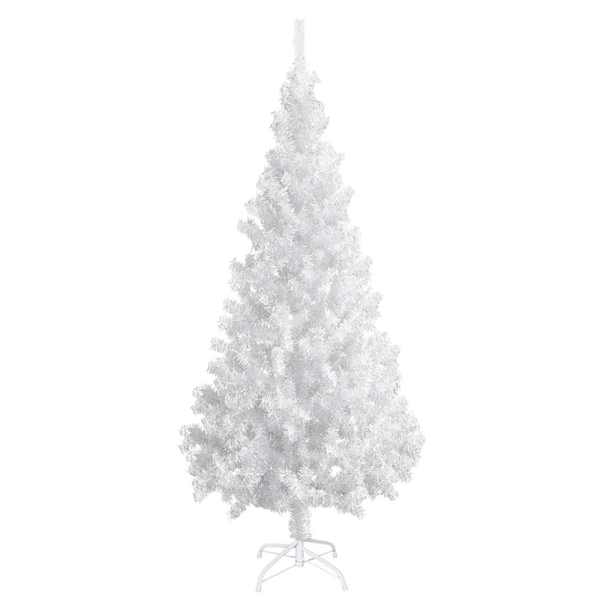 Ein weißer künstlicher Weihnachtsbaum mit einem Metallständer.