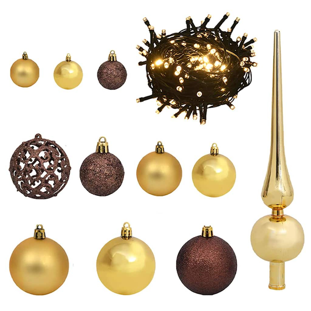 Goldene und braune Christbaumkugeln mit Lichterkette und Spitze.
