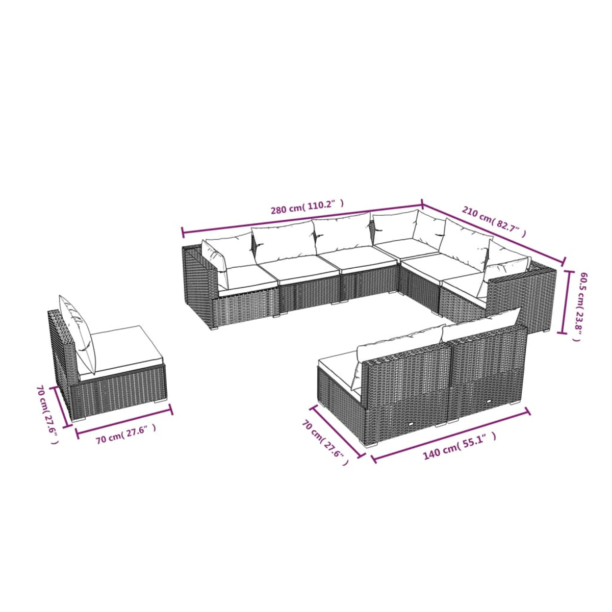 Ein modularer Outdoor-Sitzbereich mit grauen Kissen und Messungen.