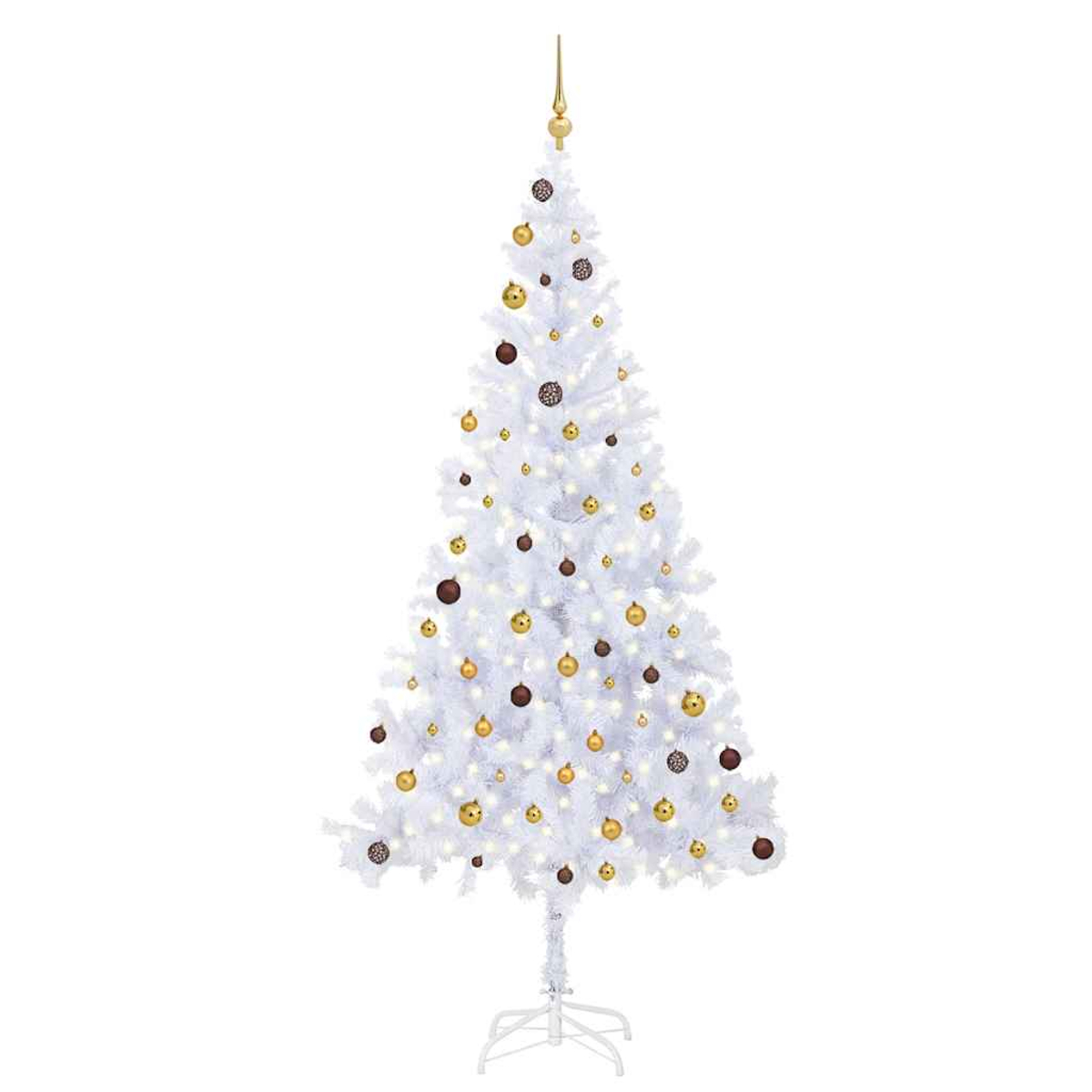 Ein weißer Weihnachtsbaum mit goldenen und braunen Kugeln und Lichtern.