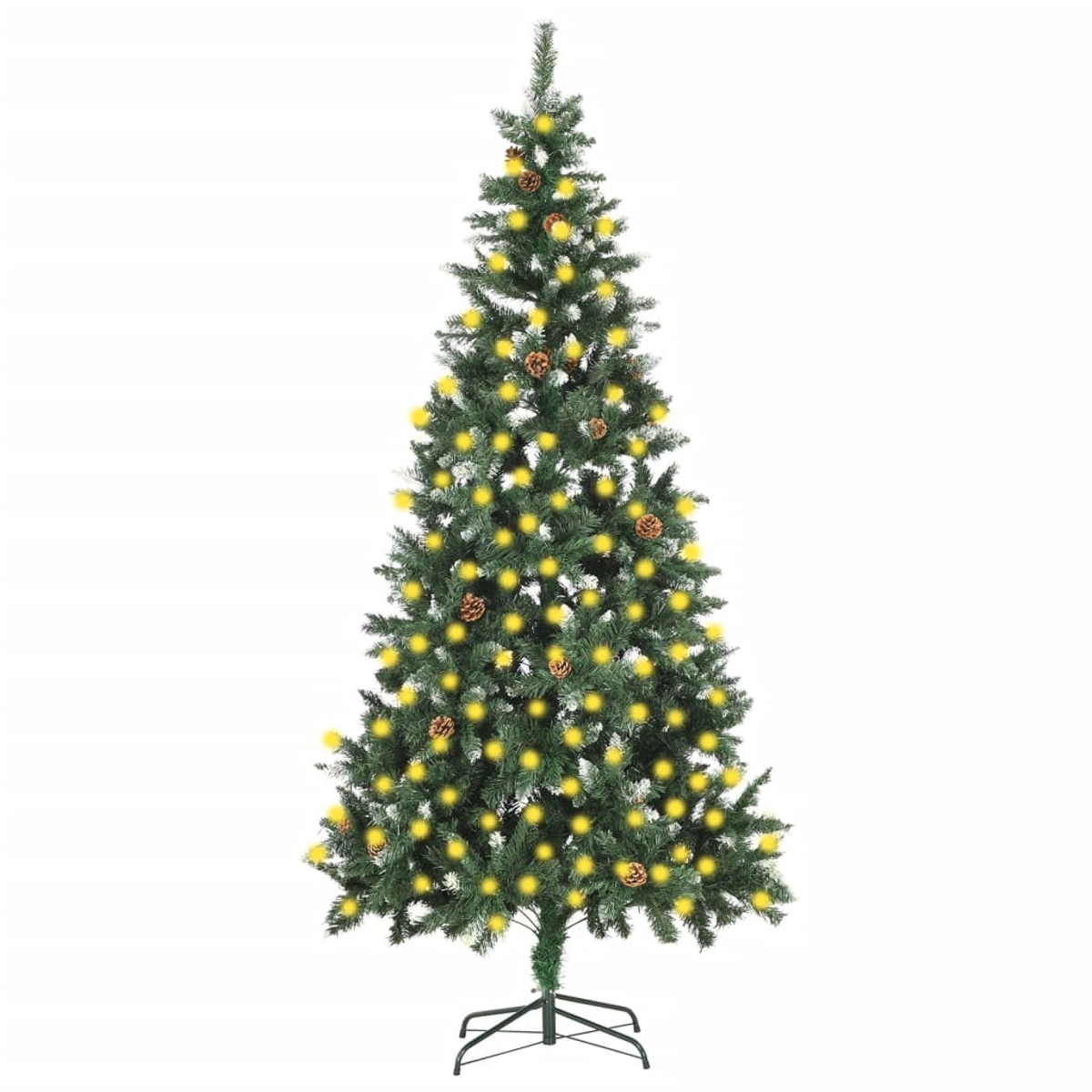 Ein geschmückter Weihnachtsbaum mit gelben Lichtern und Tannenzapfen auf einem Ständer.