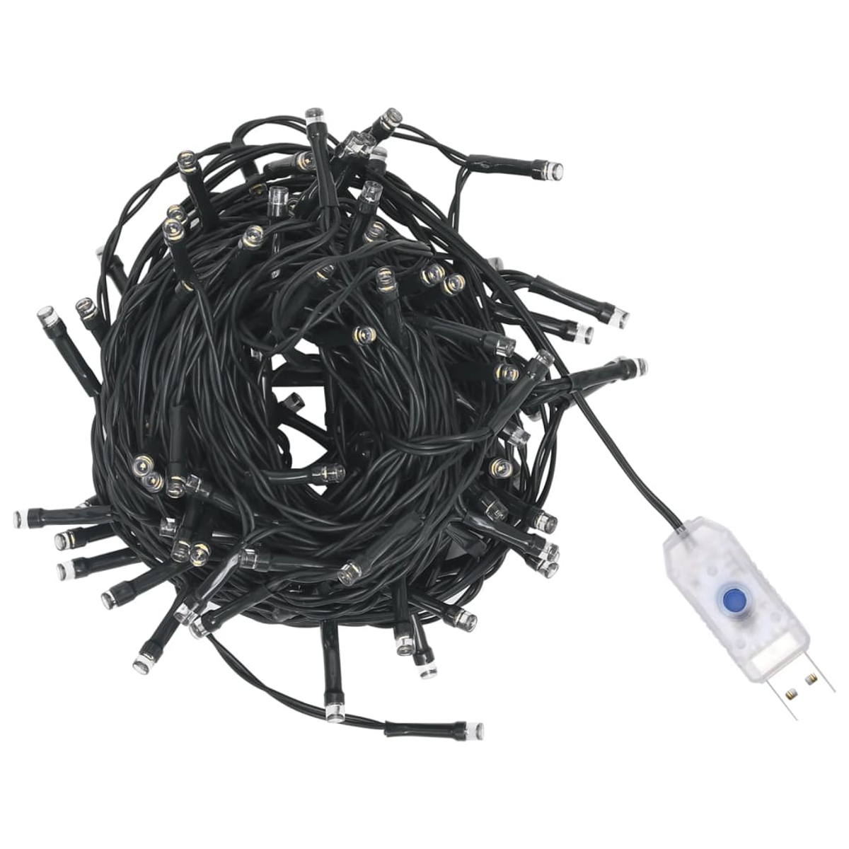Ein verheddertes schwarzes Draht-Lichterkette mit USB-Anschluss und klarer Steuerbox.