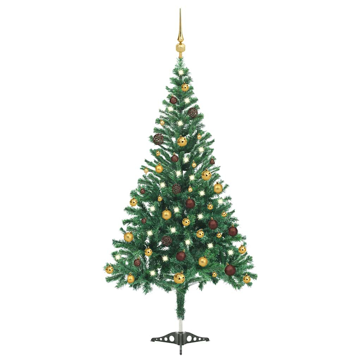 Ein geschmückter Weihnachtsbaum mit Lichtern, Kugeln und Zapfen auf einem Ständer.