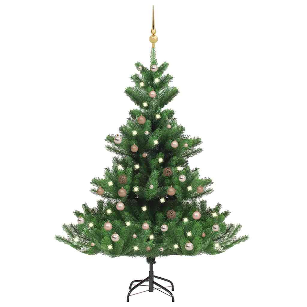 Ein geschmückter Weihnachtsbaum mit Lichtern und Kugeln auf einem Ständer.