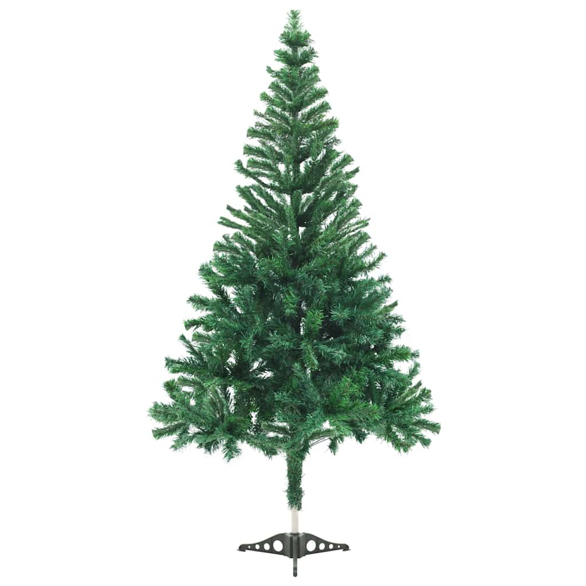 Ein grüner künstlicher Weihnachtsbaum mit schwarzem Ständer auf weißem Hintergrund.