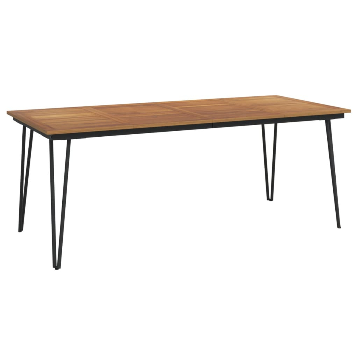 Ein rechteckiger Holztisch mit schwarzem Metallgestell und vier Beinen.