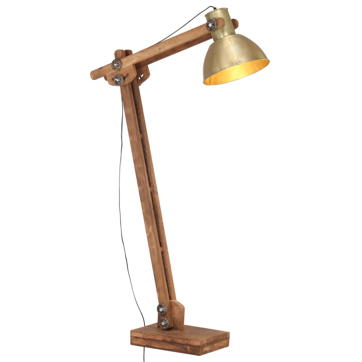 Eine Stehlampe aus Holz mit einem verstellbaren Arm und einem Messinglampenschirm.