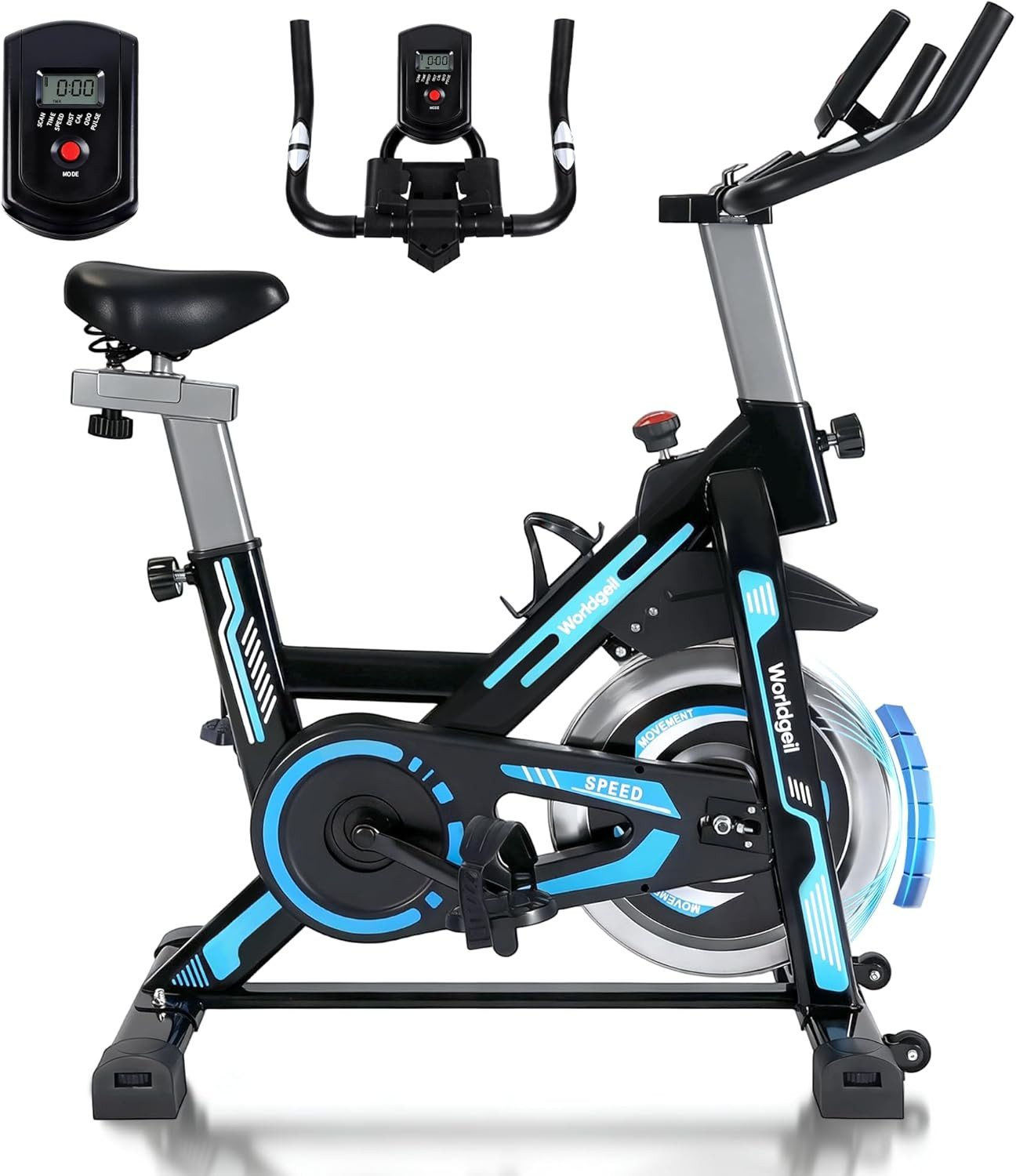 Schwarzes Indoor-Fahrrad mit blauen Akzenten, Display und verstellbarem Lenker.