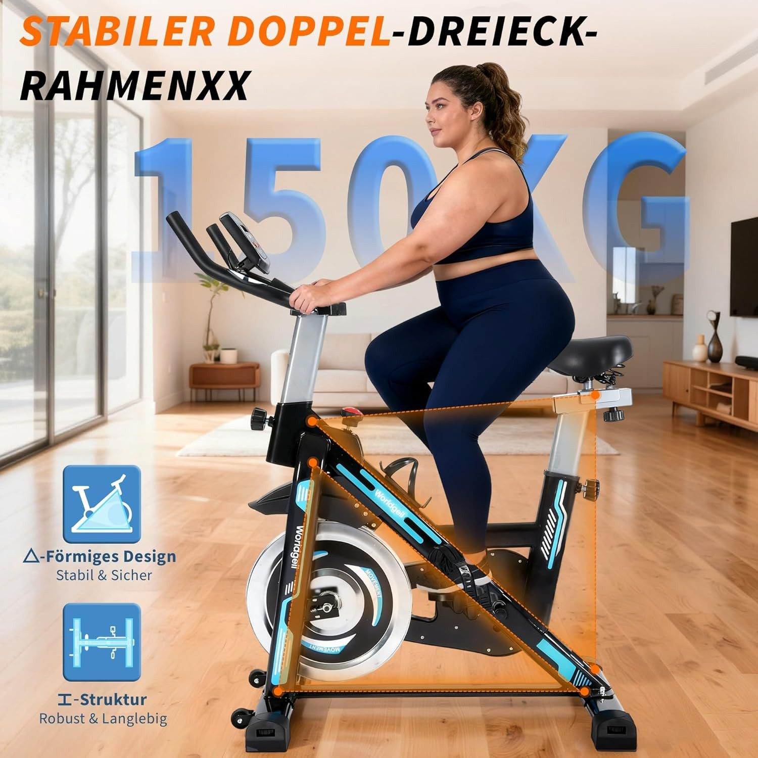Eine Frau auf einem Heimtrainer mit 150kg Kapazität. Der Rahmen ist stabil und dreieckig.