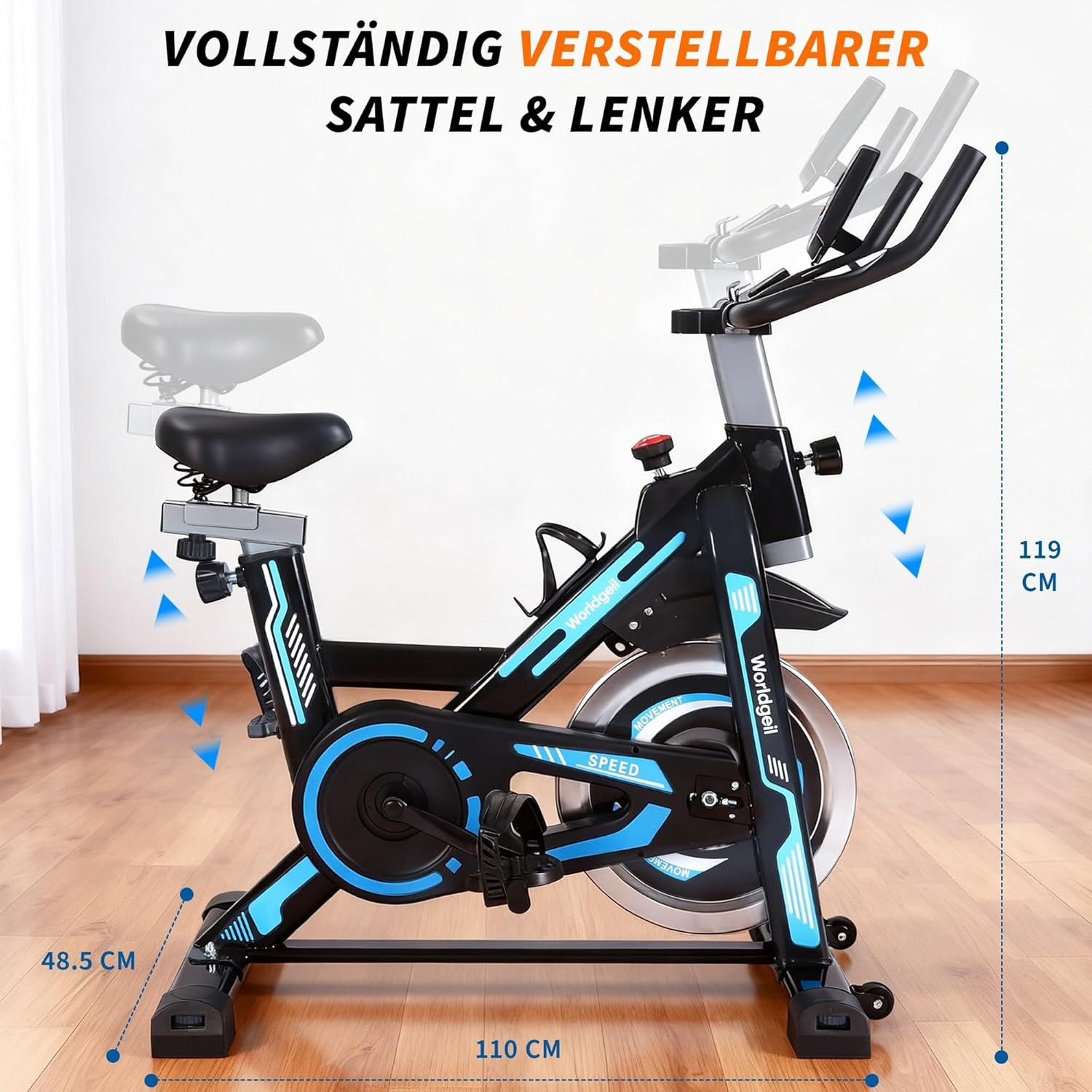 Ein schwarzes und blaues Indoor-Fahrrad mit verstellbarem Sattel und Lenker.