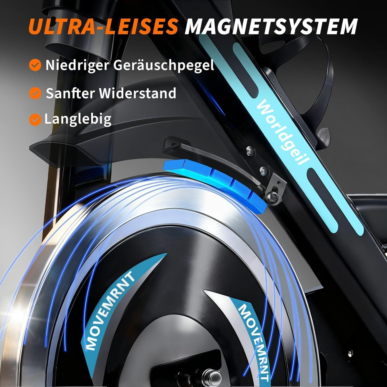 Nahaufnahme eines schwarzen Heimtrainers mit Fokus auf das Schwungrad und Magnetbremssystem.