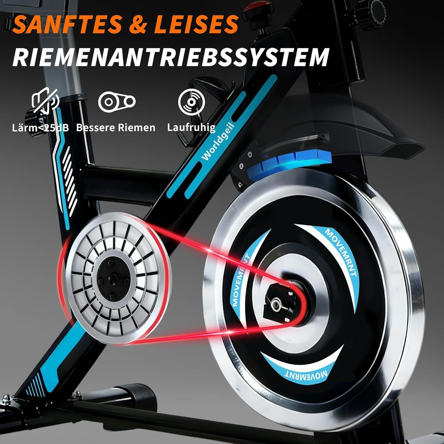 Ein schwarzes Heimtrainer mit blau-silbernen Akzenten, das den Riemenantrieb zeigt.