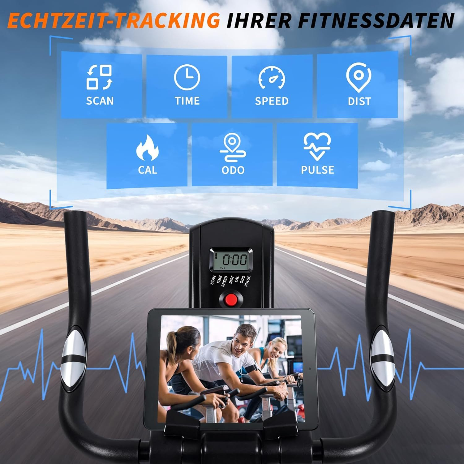 Heimtrainer mit Fitness-Tracking-Anzeige und Landschaftshintergrund.
