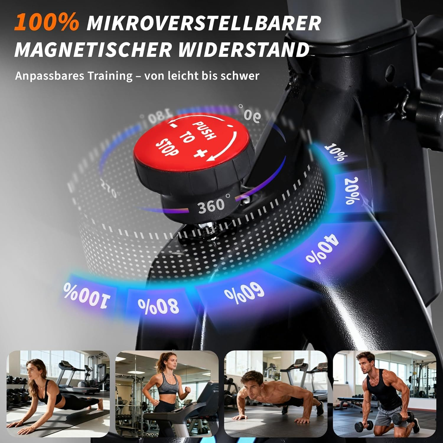 Fahrradtrainer mit Widerstandsregler und vier Trainingsbildern im unteren Bereich.