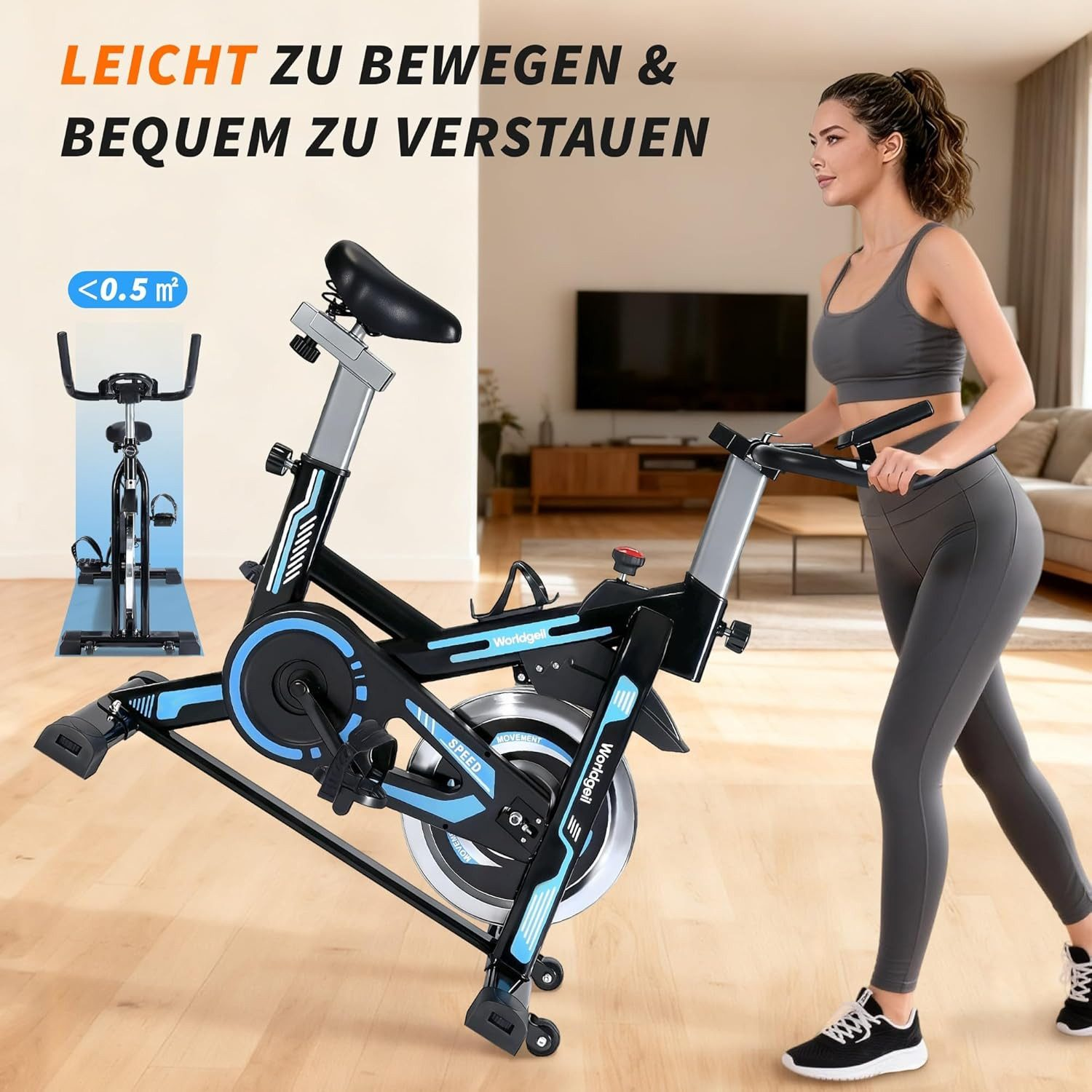 Frau trainiert auf einem schwarzen Heimtrainer mit blauen Akzenten in einem Wohnzimmer.