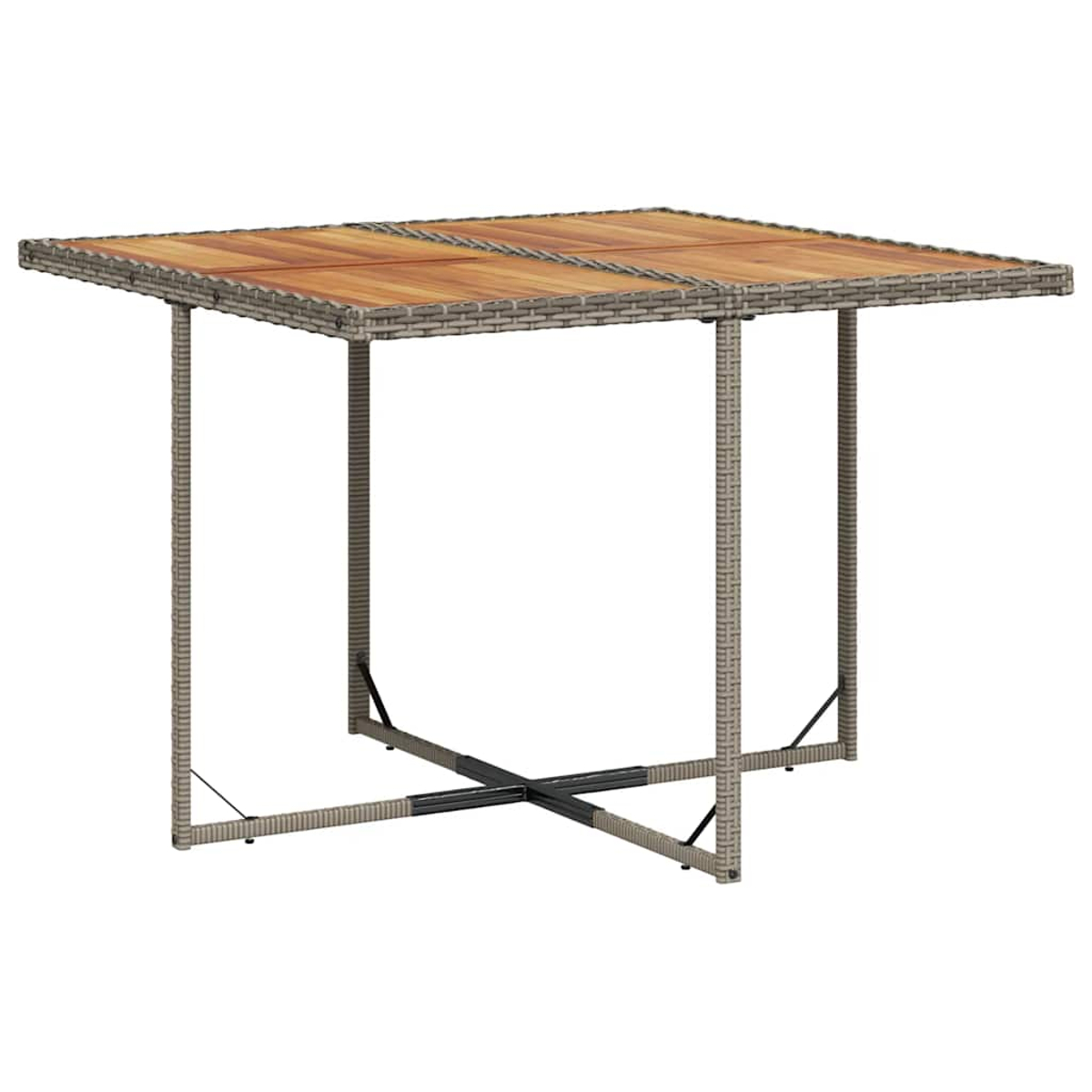 Ein rechteckiger Tisch mit Holzlattenplatte und Rattangeflecht-Gestell.