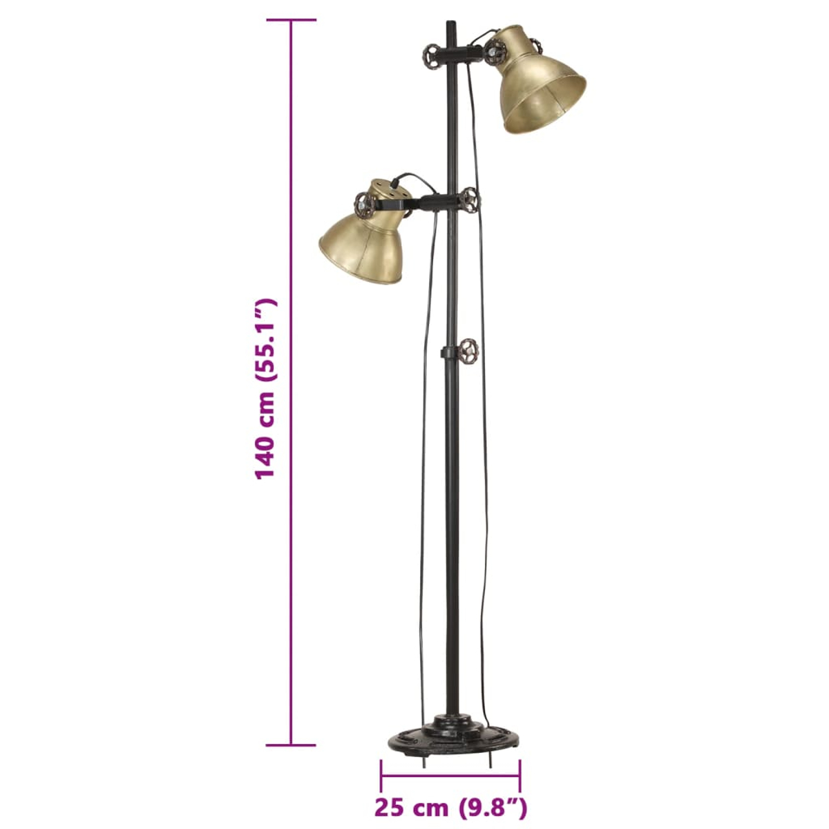 Eine schwarze Stehlampe mit zwei goldenen Lampenschirmen und Messingdetails.