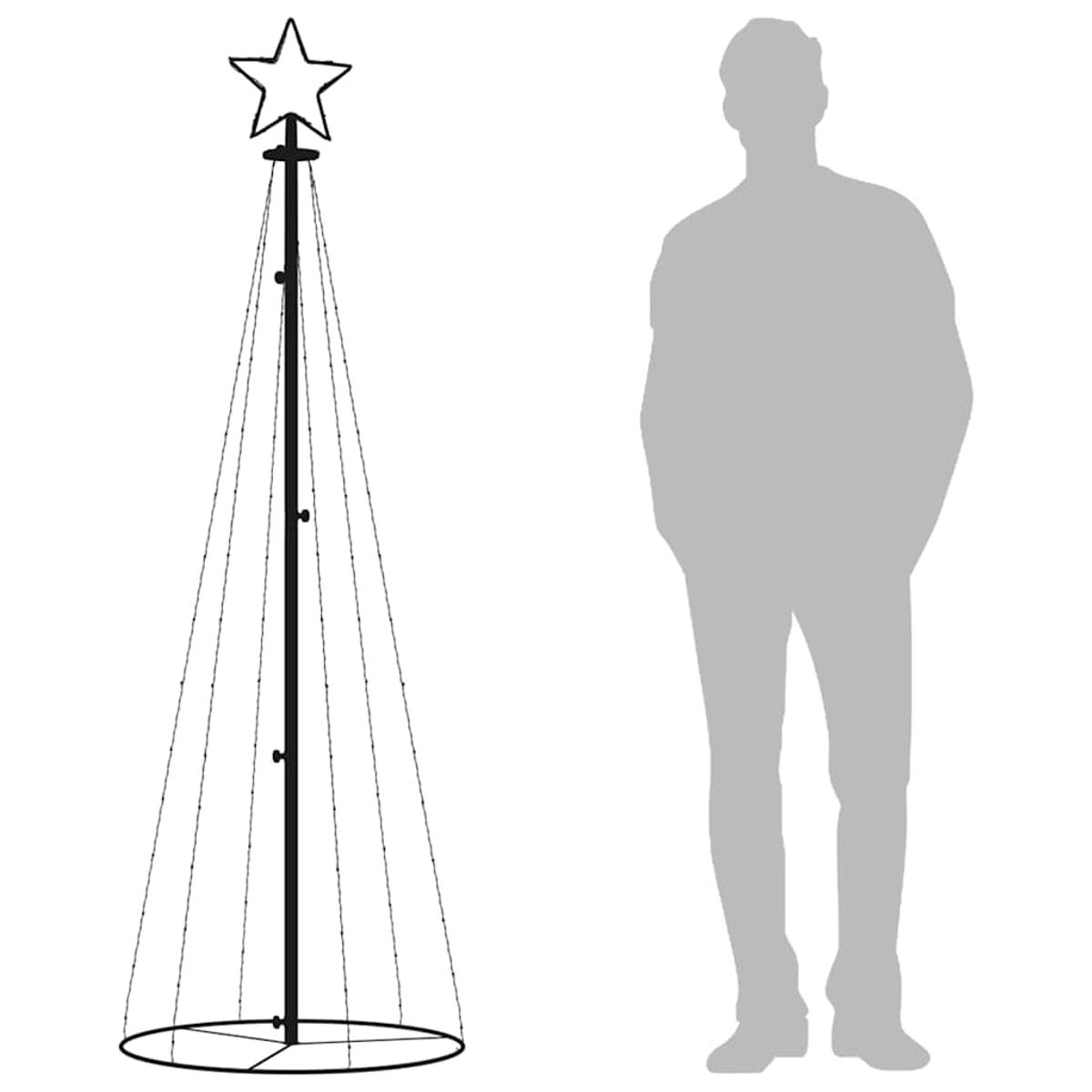 Ein Stern-Drahtbaum mit Lichtern neben einer Silhouette eines Mannes.