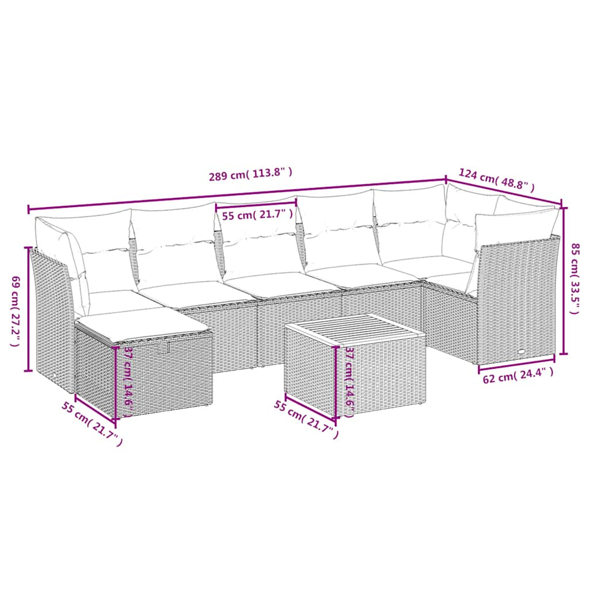 Geflecht-Lounge-Set mit Maßen und Kissen.