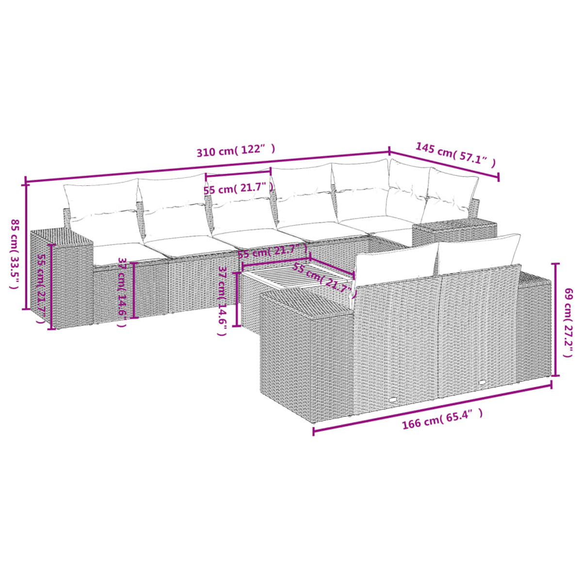 Geflochtenes Outdoor-Sofa mit weißen Kissen und Maßen.