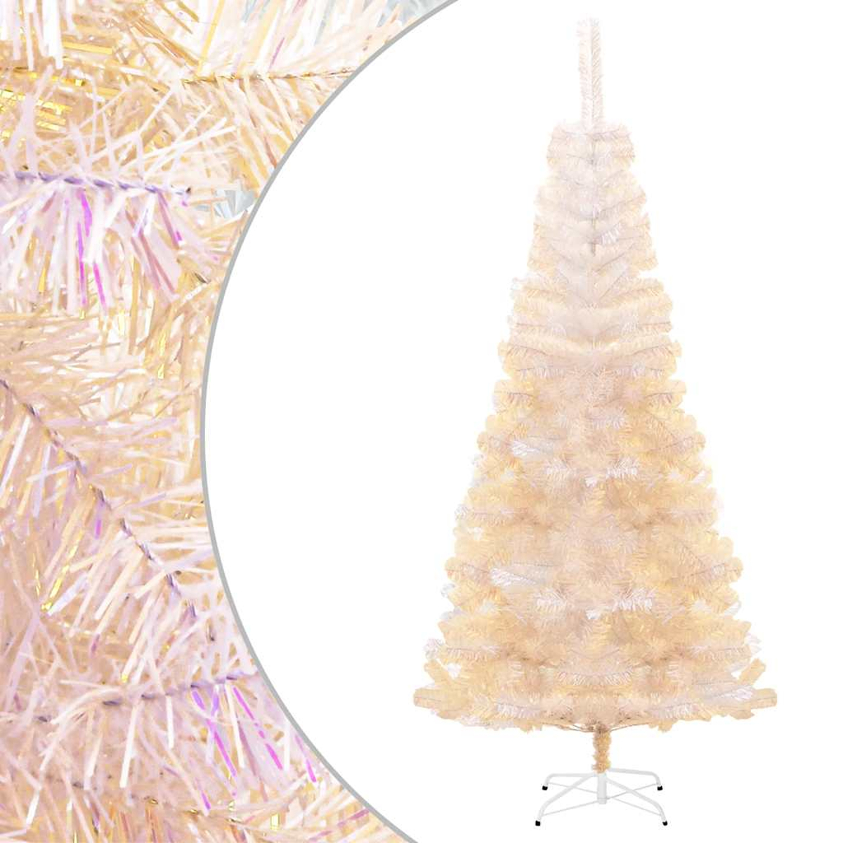 Ein aufrechter, ungeschmückter, cremefarbener Weihnachtsbaum mit einem weißen Metallständer.