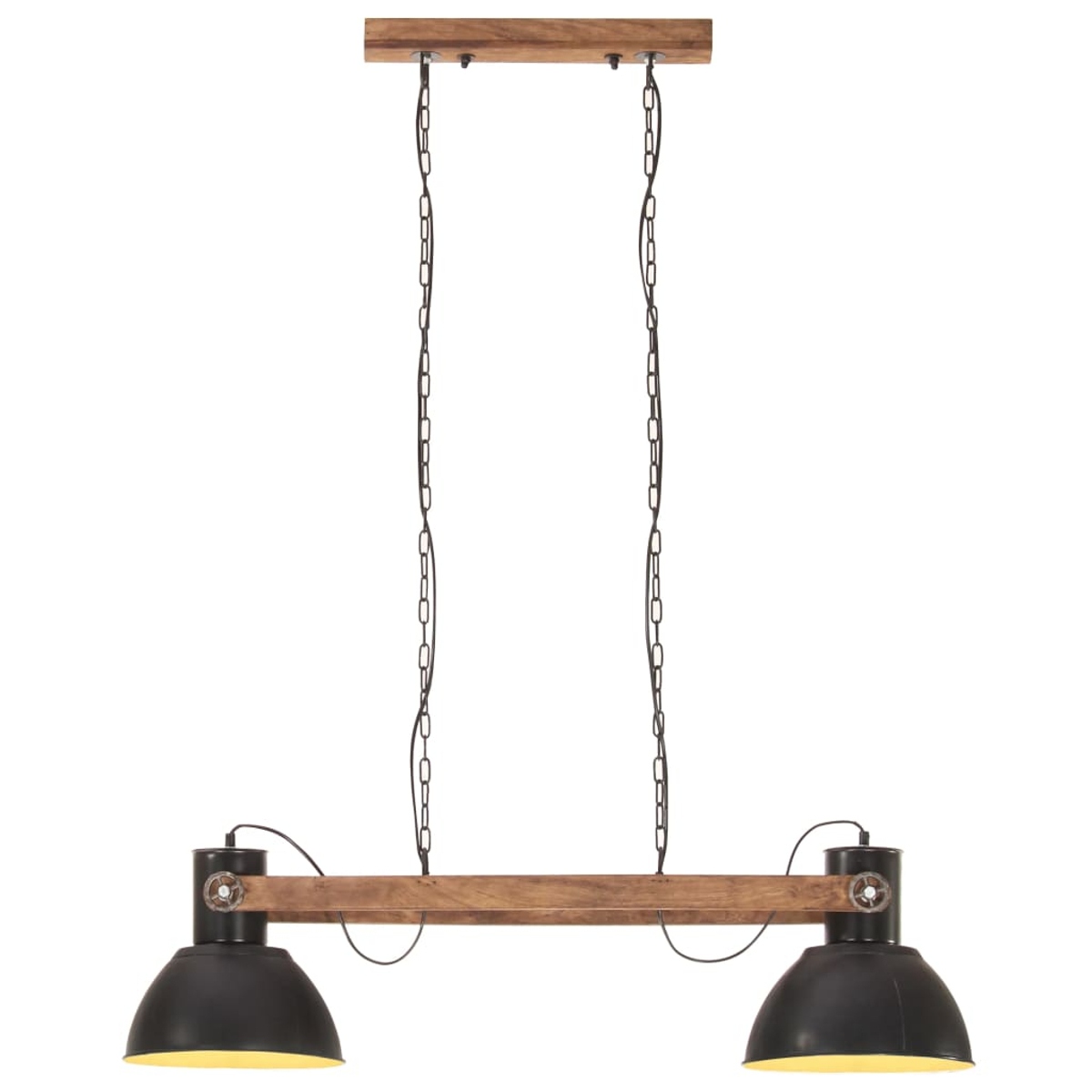 Eine zweiflammige Pendelleuchte aus Holz und schwarzen Metallschirmen.