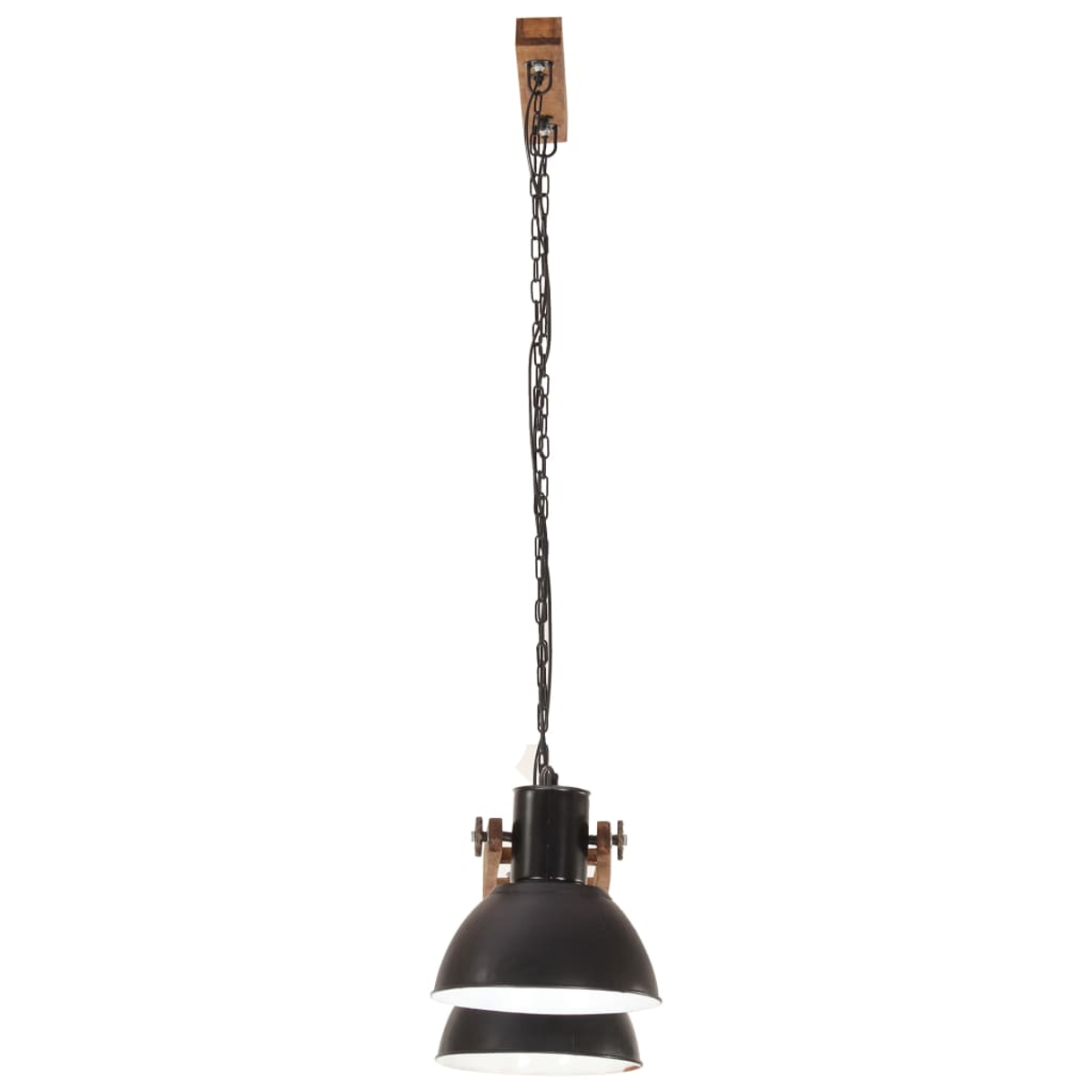 Schwarze Hängeleuchte mit Holzdekor, Kette und zwei Lampenschirmen.