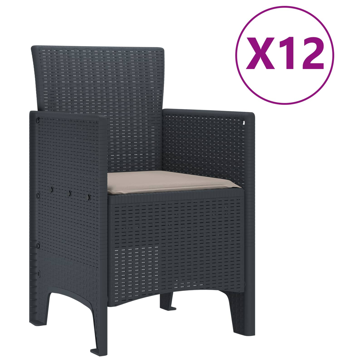Dunkelgrauer Rattanstuhl mit beigem Kissen. X12-Etikett in lila Kreis.