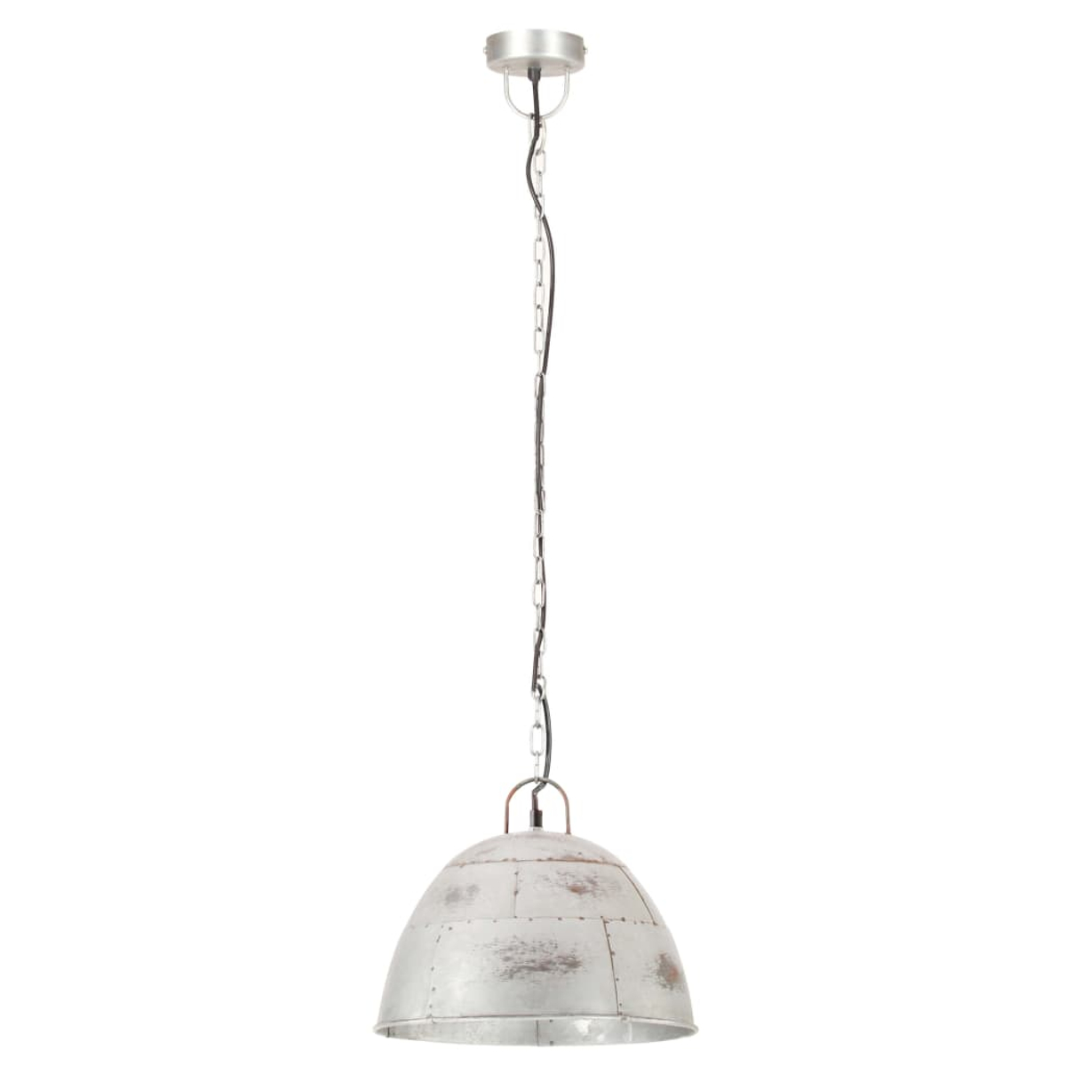 Eine weiße, metallische Hängeleuchte mit Kette und silbernem Baldachin.