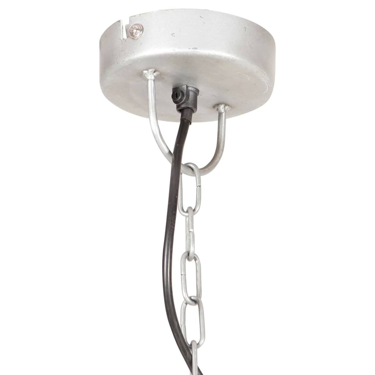 Silberne Deckenhalterung mit schwarzem Kabel und Kette.