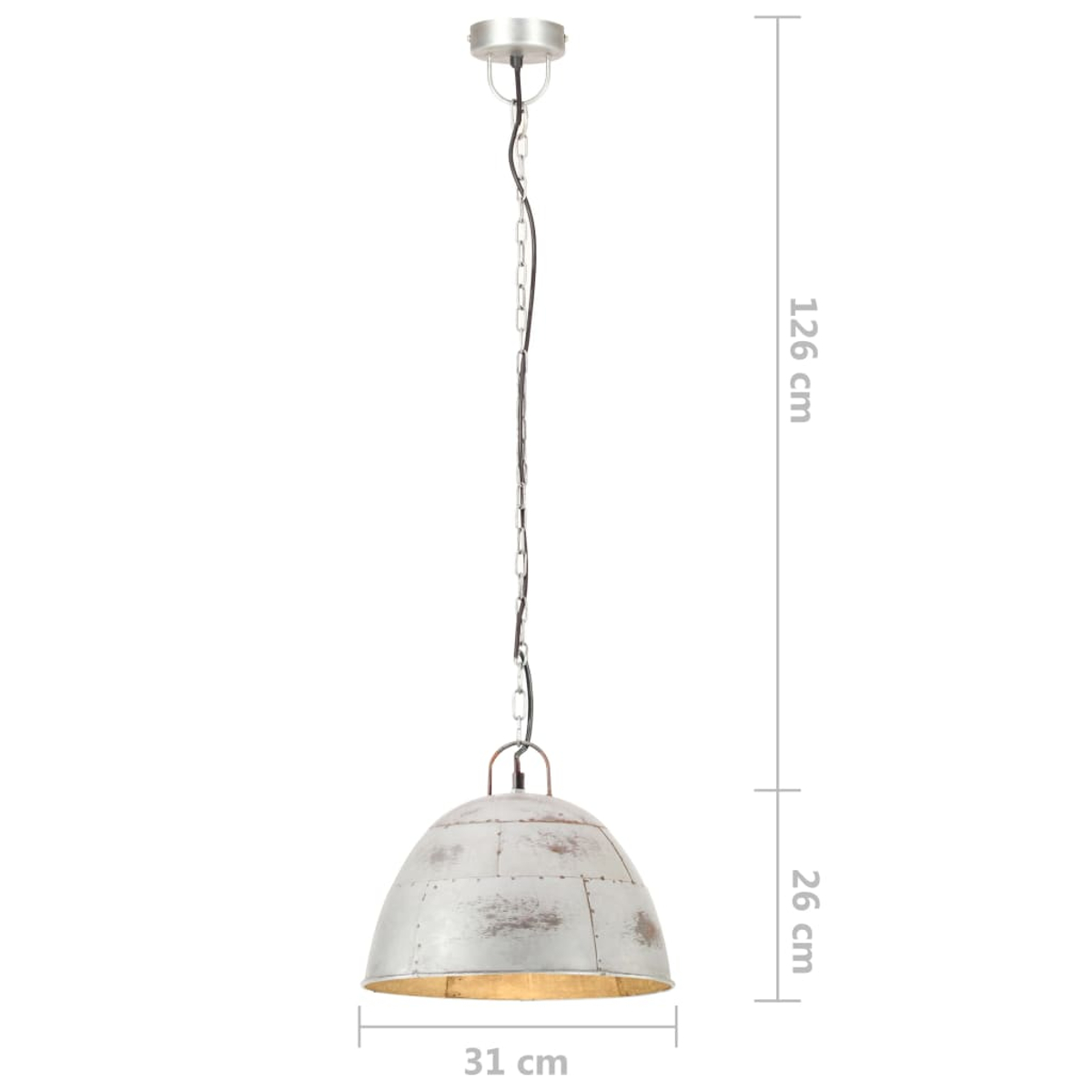 Eine silberne Hängelampe mit Kettenaufhängung. Durchmesser 31 cm.