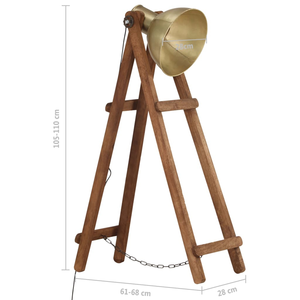 Ein Holzstativ mit einem Messinglampenschirm, Maße sind angegeben.