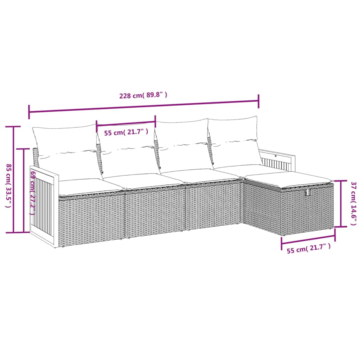 Diagramm eines Rattansofa-Sektionsmöbel mit Maßen. Gesamtlänge 228cm.