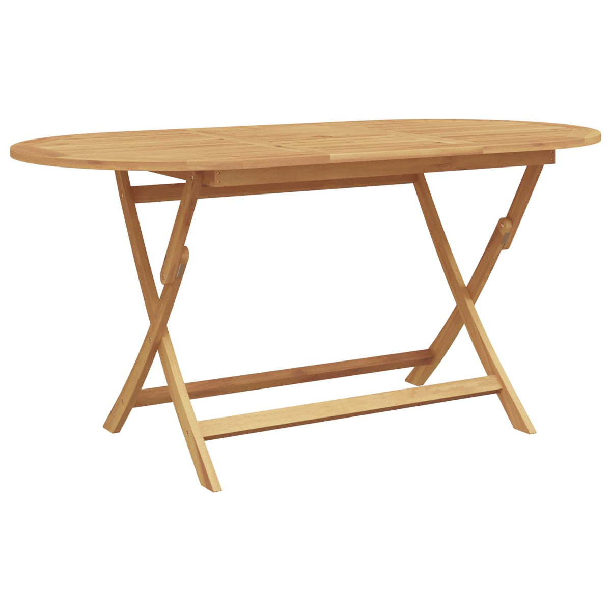 Una mesa ovalada de madera con patas plegables en X sobre fondo blanco.