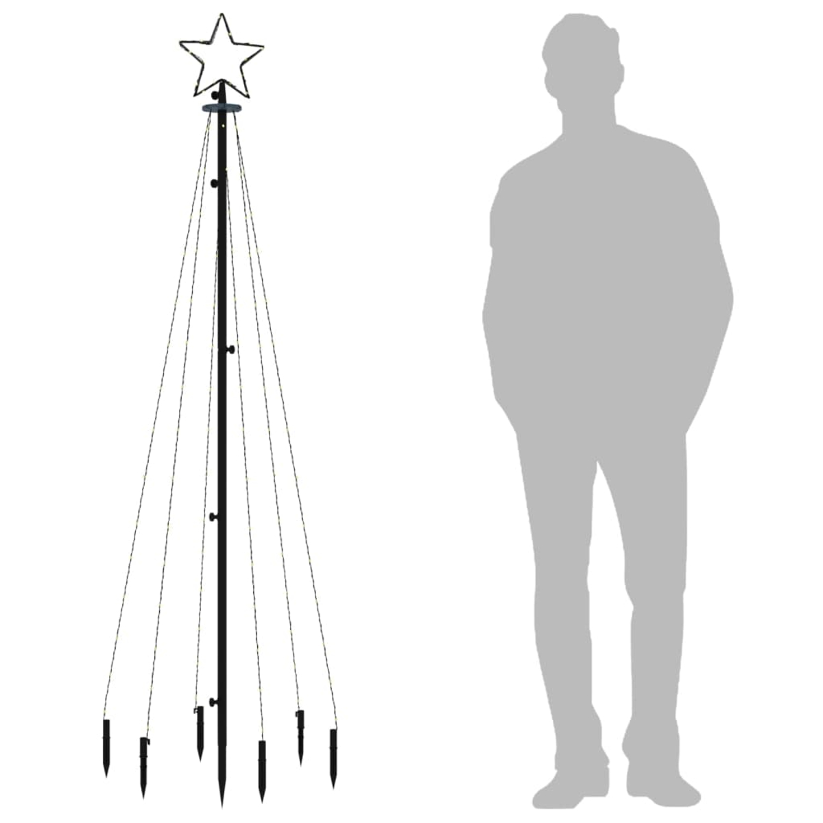 Ein Stern auf einem Mast mit Schnüren und Erdspießen, daneben eine graue Silhouette eines Mannes.