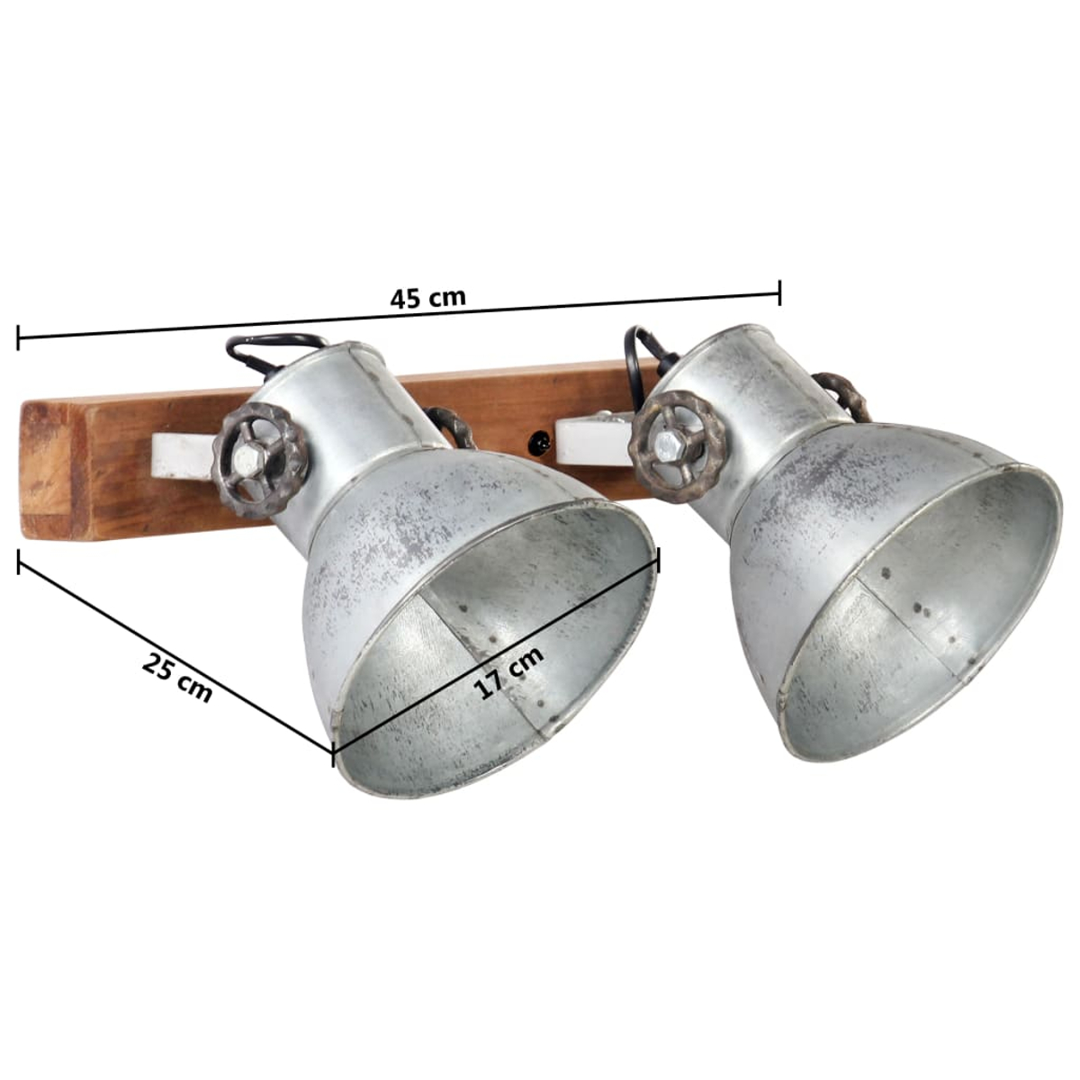 Zwei silberne Industrielampen auf Holzsockel mit Maßen 45x25x17 cm.