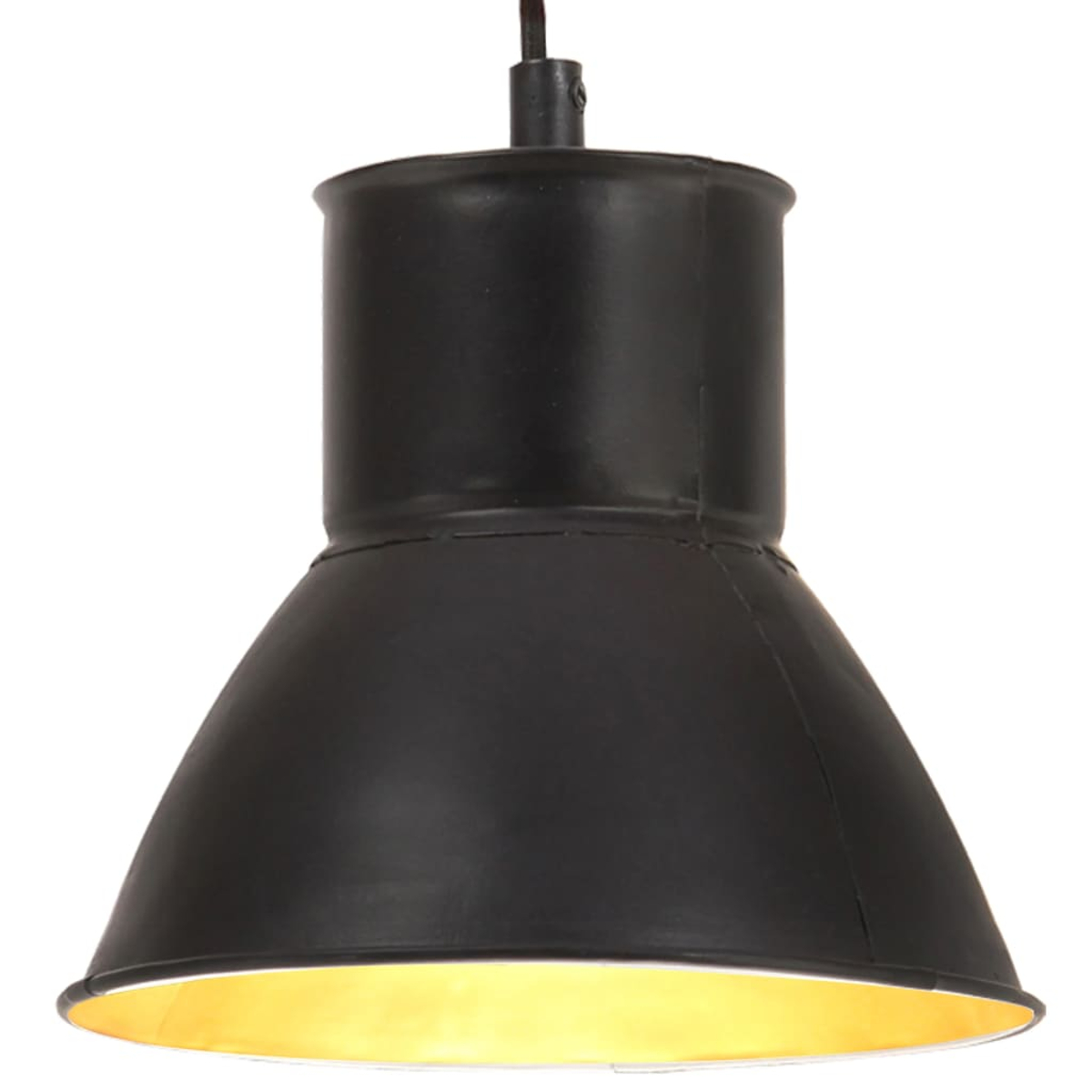 Schwarze Hängelampe mit goldenem Innenraum, auf weißem Hintergrund.