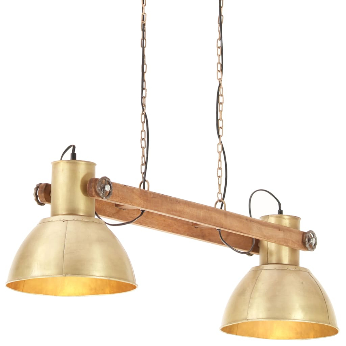 Eine goldene Pendelleuchte mit Holzstrebe und zwei Lampenschirmen.
