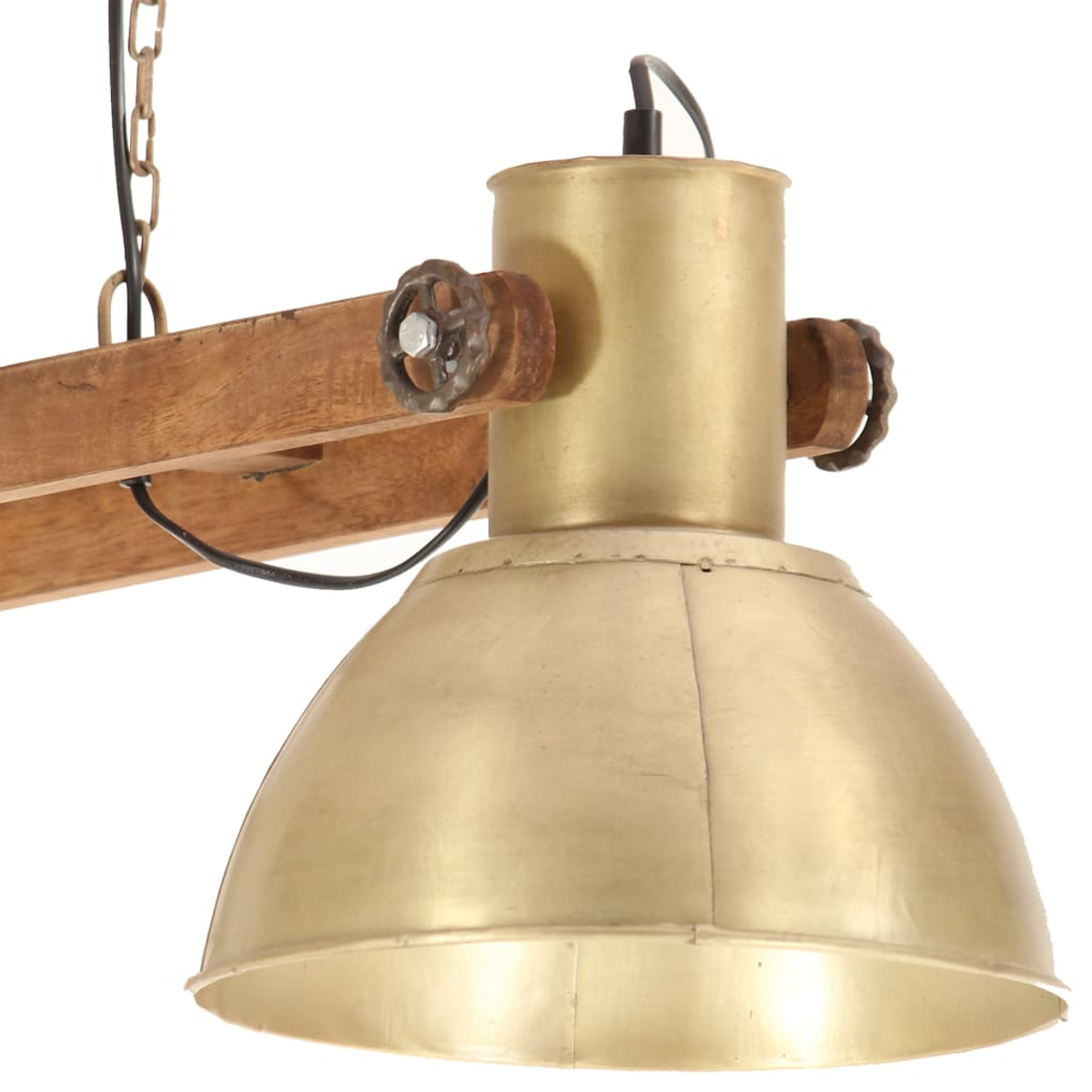 Industrielle Hängelampe aus Holz und Messing mit einem breiten Schirm.