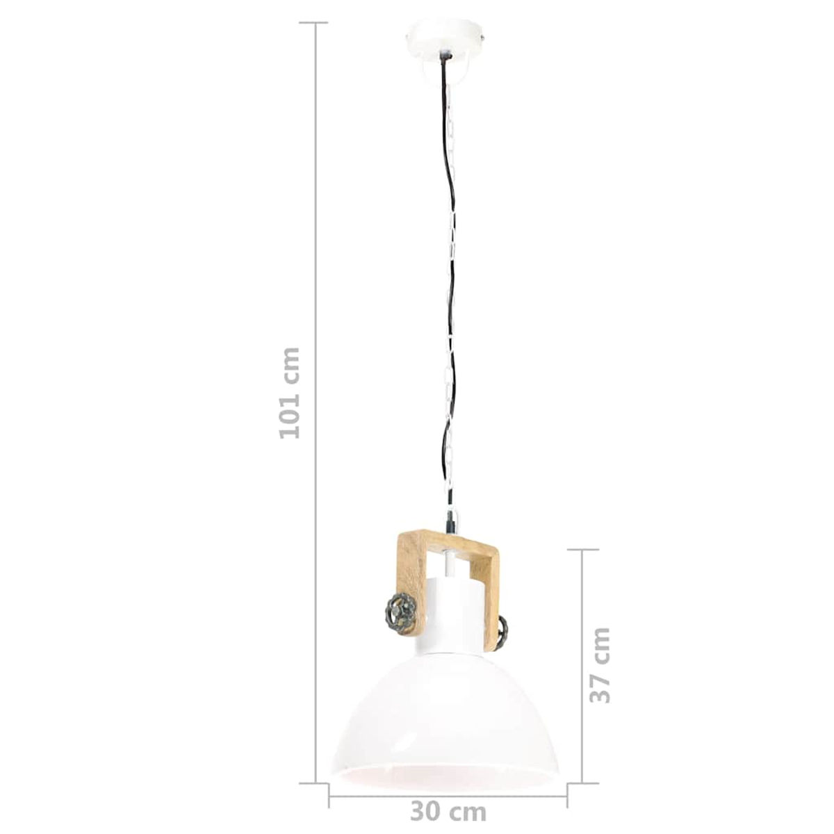 Weiße Pendelleuchte mit Holzdetail. H: 101cm, Ø: 30cm, H: 37cm.