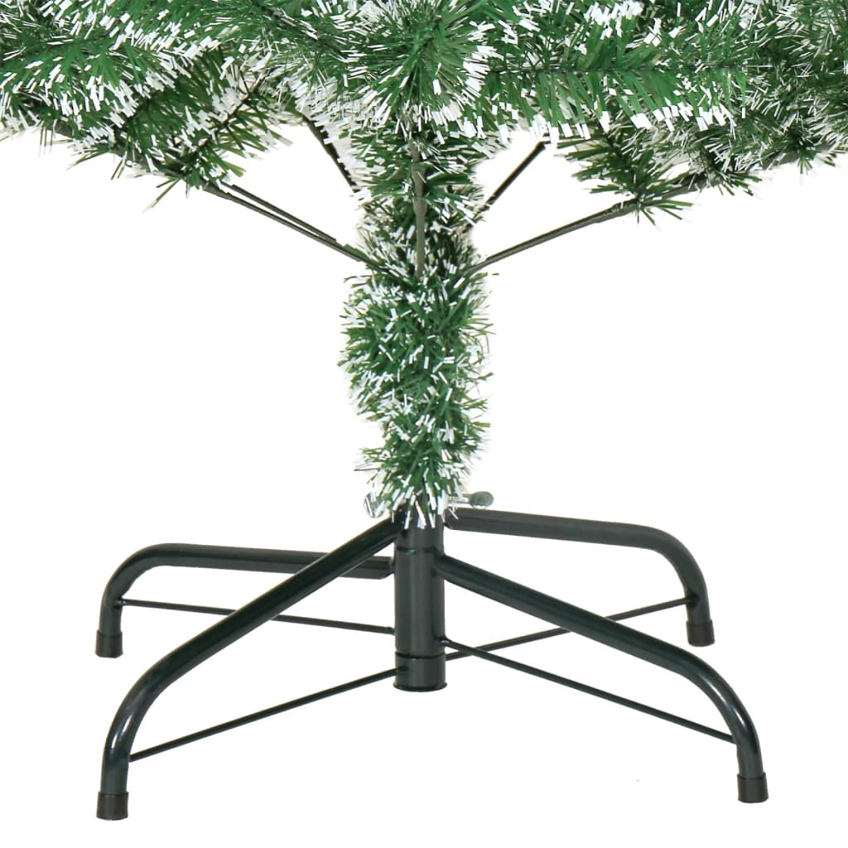 Grüner Weihnachtsbaumständer mit Metallbeinen und grünen Zweigen.