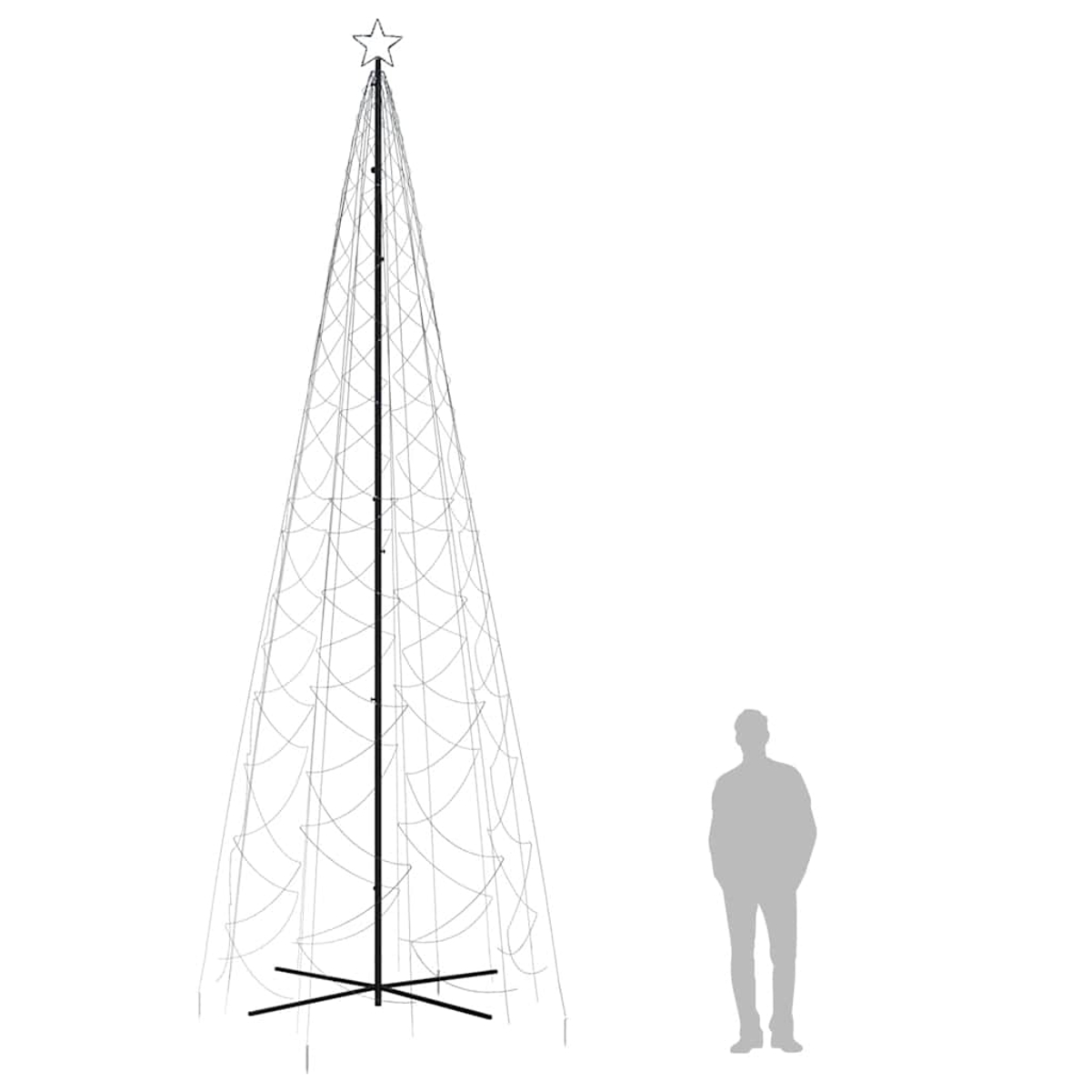 Eine schematische Darstellung eines großen, drahtigen Weihnachtsbaums mit Sternspitze und menschlicher Silhouette daneben.