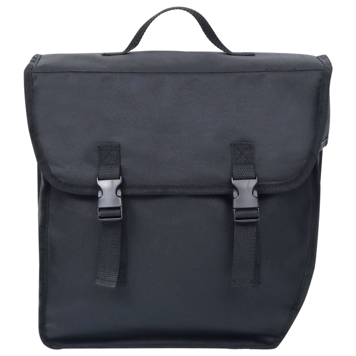 Schwarze Tasche mit Henkel und zwei Schnallen auf der Vorderseite.