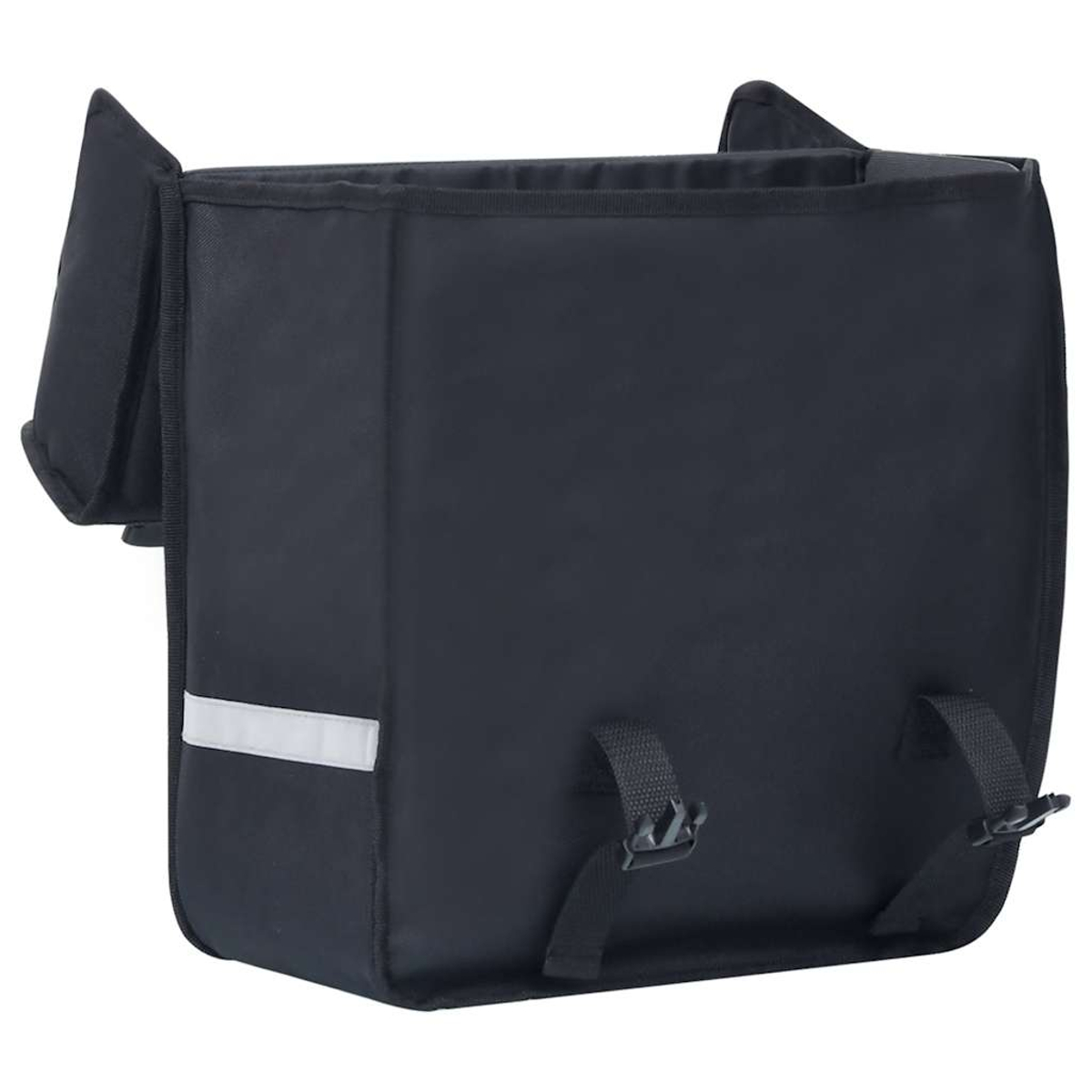 Schwarze Kühltasche mit reflektierendem Streifen und Riemen.